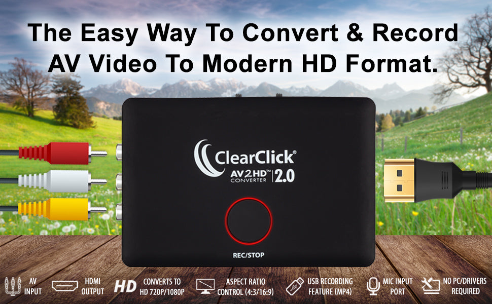 ClearClick Convertidor AV a HD y grabadora 2.0 (segunda generación) -  Adaptador AV RCA a HDMI para convertir y grabar video - para VCR, VHS, DVD,  videocámara, Hi8, juegos a TV 