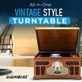 SoundBeast All-in-One Turntable | 3-Speed Record Player, Bluetooth, CD, Cassette Tape, AM/FM Radio, USB, Built-in Speakers, Handmade Wooden Exterior